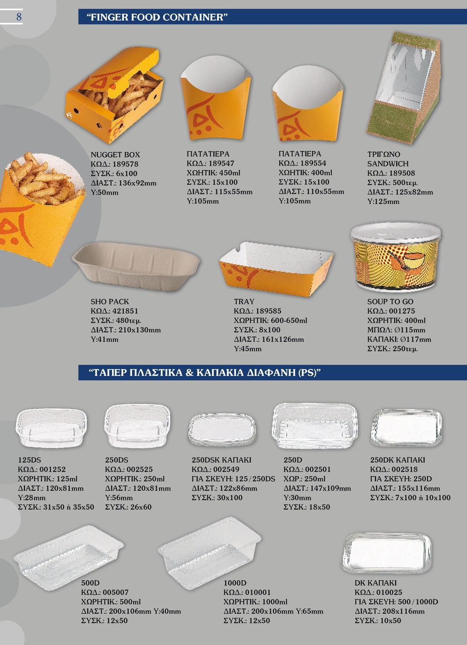 : 8χ100 161x126mm Y:45mm SOUP TO GO ΚΩΔ.: 001275 ΧΩPΗΤΙΚ: 400ml ΜΠΩΛ: Ø115mm KAΠΑΚΙ: Ø117mm ΣΥΣΚ.: 250τεμ. ΤΑΠΕΡ ΠΛΑΣΤΙΚΑ & ΚΑΠΑΚΙΑ ΔΙΑΦΑΝΗ (PS) 125DS ΚΩΔ.: 001252 ΧΩΡΗΤΙΚ.