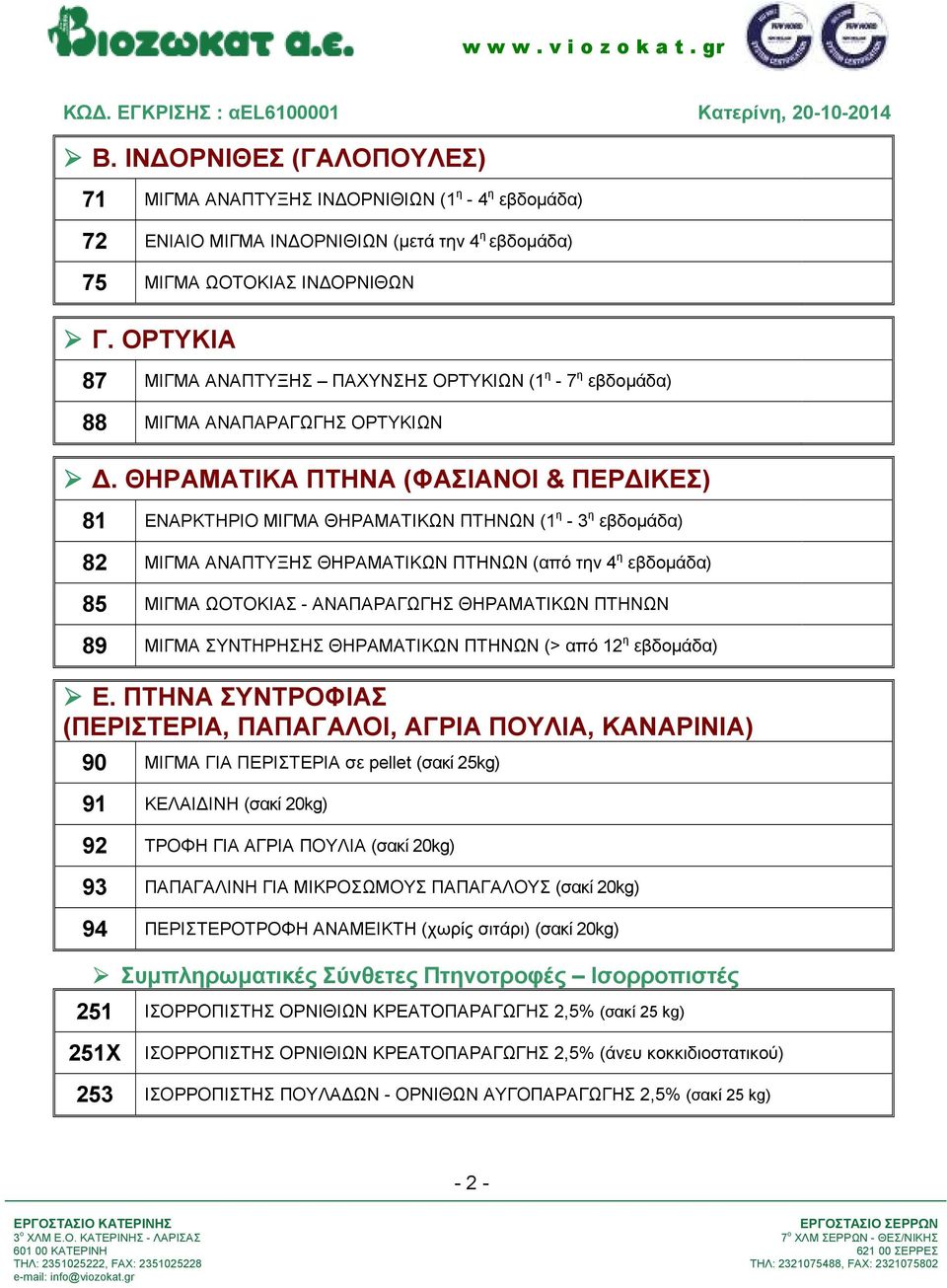 ΘΗΡΑΜΑΤΙΚΑ ΠΤΗΝΑ (ΦΑΣΙΑΝΟΙ & ΠΕΡ ΙΚΕΣ) 81 ΕΝΑΡΚΤΗΡΙΟ ΜΙΓΜΑ ΘΗΡΑΜΑΤΙΚΩΝ ΠΤΗΝΩΝ (1 η - 3 η εβδοµάδα) 82 ΜΙΓΜΑ ΑΝΑΠΤΥΞΗΣ ΘΗΡΑΜΑΤΙΚΩΝ ΠΤΗΝΩΝ (από την 4 η εβδοµάδα) 85 ΜΙΓΜΑ ΩΟΤΟΚΙΑΣ - ΑΝΑΠΑΡΑΓΩΓΗΣ