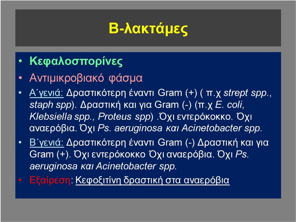 Όχι αναερόβια. Όχι Ps. aeruginosa και Acinetobacter spp.