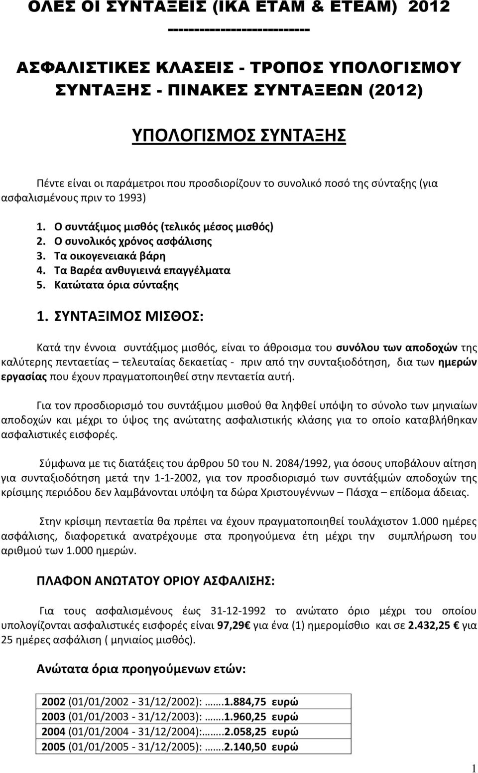 Τα Βαρέα ανθυγιεινά επαγγέλματα 5. Κατώτατα όρια σύνταξης 1.