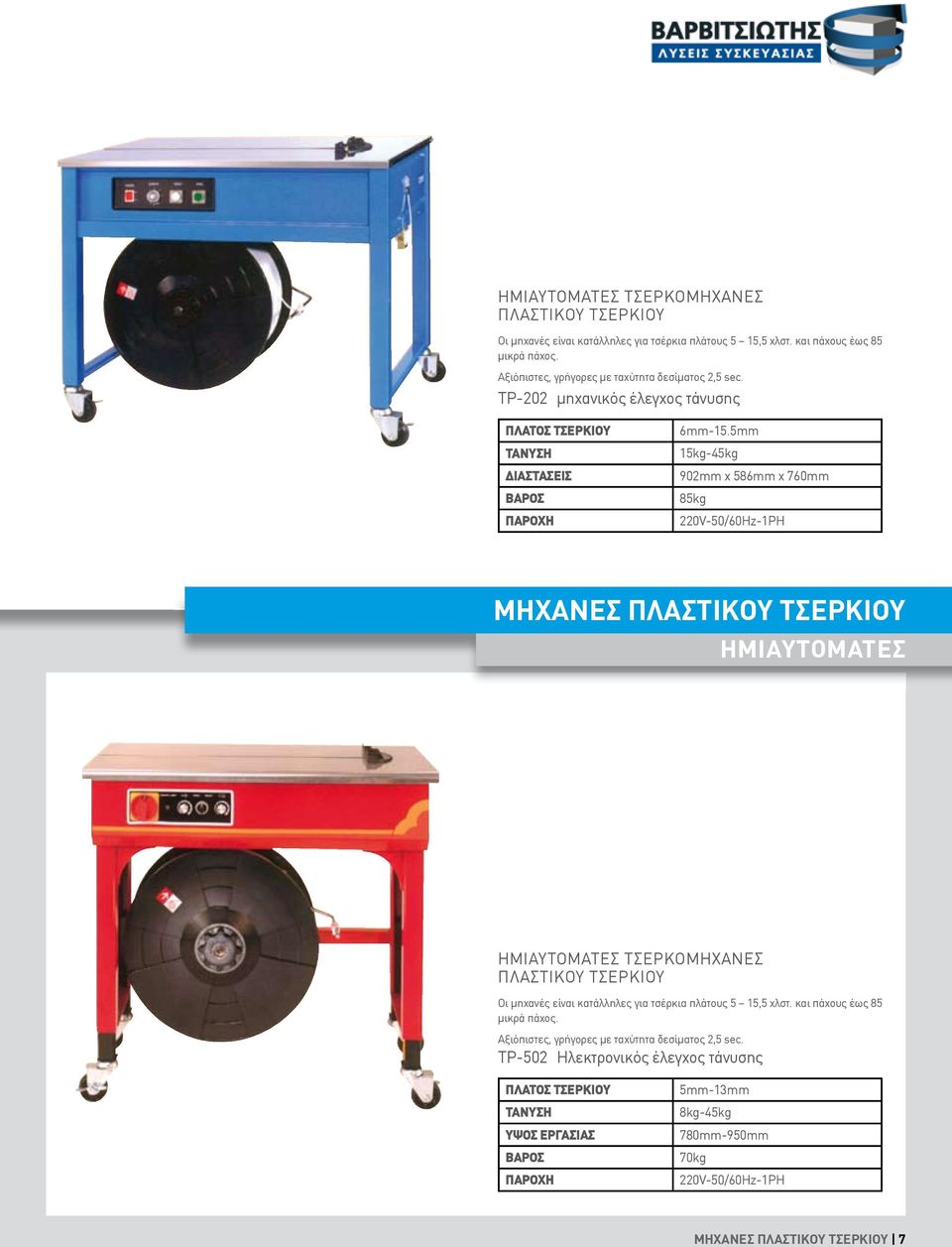 5mm 15kg-45kg 902mm x 586mm x 760mm 85kg 220V-50/60Hz-1PH ΜΗΧΑΝΕΣ ΠΛΑΣΤΙΚΟΥ ΤΣΕΡΚΙΟΥ ΗΜΙΑΥΤΟΜΑΤΕΣ  Αξιόπιστες, γρήγορες µε ταχύτητα δεσίµατος 2,5 sec.