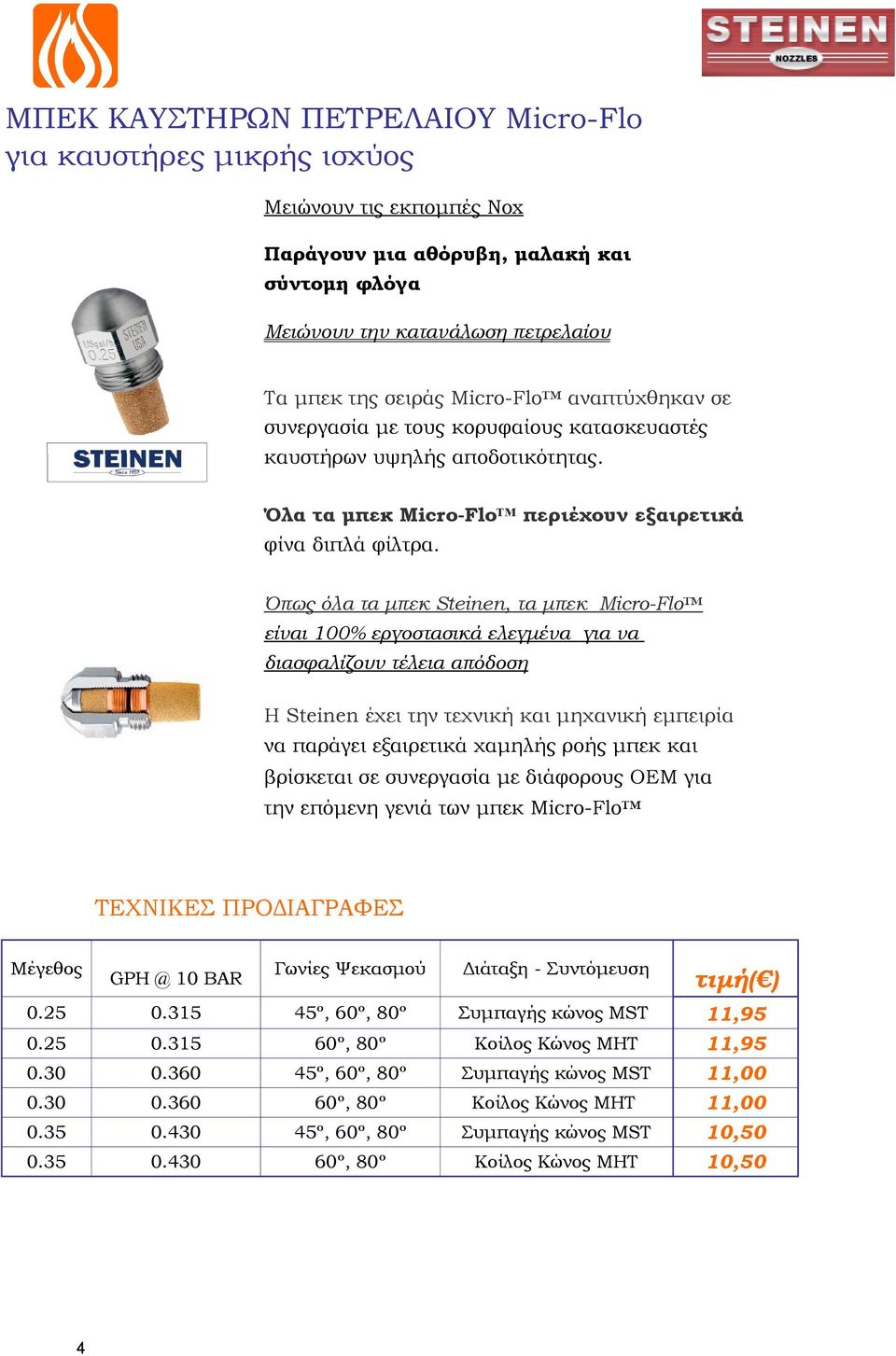 Όπως όλα τα μπεκ Steinen, τα μπεκ Micro-Flo είναι 100% εργοστασικά ελεγμένα για να διασφαλίζουν τέλεια απόδοση Η Steinen έχει την τεχνική και μηχανική εμπειρία να παράγει εξαιρετικά χαμηλής ροής μπεκ