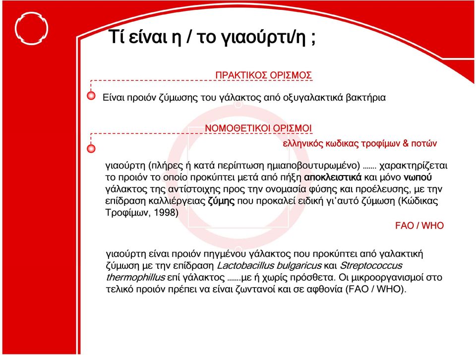 χαρακτηρίζεται το προιόν το οποίο προκύπτει μετά από πήξη αποκλειστικά και μόνο νωπού γάλακτος της αντίστοιχης προς την ονομασία φύσης και προέλευσης, με την επίδραση καλλιέργειας ζύμης