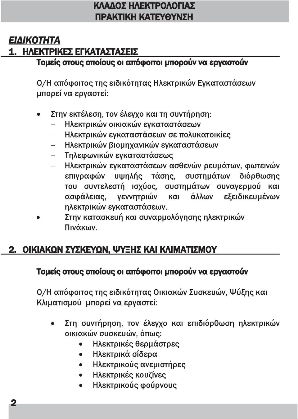 Ηλεκτρικών οικιακών εγκαταστάσεων Ηλεκτρικών εγκαταστάσεων σε πολυκατοικίες Ηλεκτρικών βιομηχανικών εγκαταστάσεων Τηλεφωνικών εγκαταστάσεως Ηλεκτρικών εγκαταστάσεων ασθενών ρευμάτων, φωτεινών