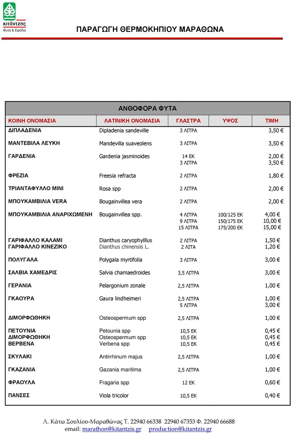 4 ΛΙΤΡΑ 100/125 ΕΚ 4,00 9 ΛΙΤΡΑ 150/175 ΕΚ 10,00 15 ΛΙΤΡΑ 175/200 ΕΚ 15,00 ΓΑΡΙΦΑΛΛΟ ΚΑΛΑΜΙ Dianthus caryophylllus 2 ΛΙΤΡΑ 1,50 ΓΑΡΙΦΑΛΛΟ ΚΙΝΕΖΙΚΟ Dianthus chinensis L.