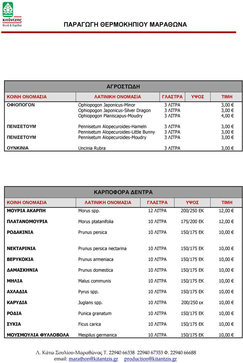 12 ΛΙΤΡΑ 200/250 ΕΚ 12,00 ΠΛΑΤΑΝΟΜΟΥΡΙΑ Morus ptatanifolia 10 ΛΙΤΡΑ 175/200 ΕΚ 12,00 ΡΟΔΑΚΙΝΙΑ Prunus persica 10 ΛΙΤΡΑ 150/175 ΕΚ 10,00 ΝΕΚΤΑΡΙΝΙΑ Prunus persica nectarina 10 ΛΙΤΡΑ 150/175 ΕΚ 10,00