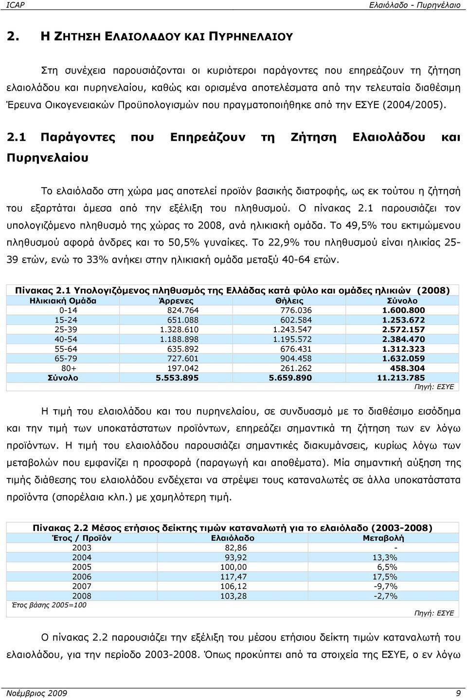 1 Παράγοντες που Επηρεάζουν τη Ζήτηση Ελαιολάδου και Πυρηνελαίου Το ελαιόλαδο στη χώρα μας αποτελεί προϊόν βασικής διατροφής, ως εκ τούτου η ζήτησή του εξαρτάται άμεσα από την εξέλιξη του πληθυσμού.