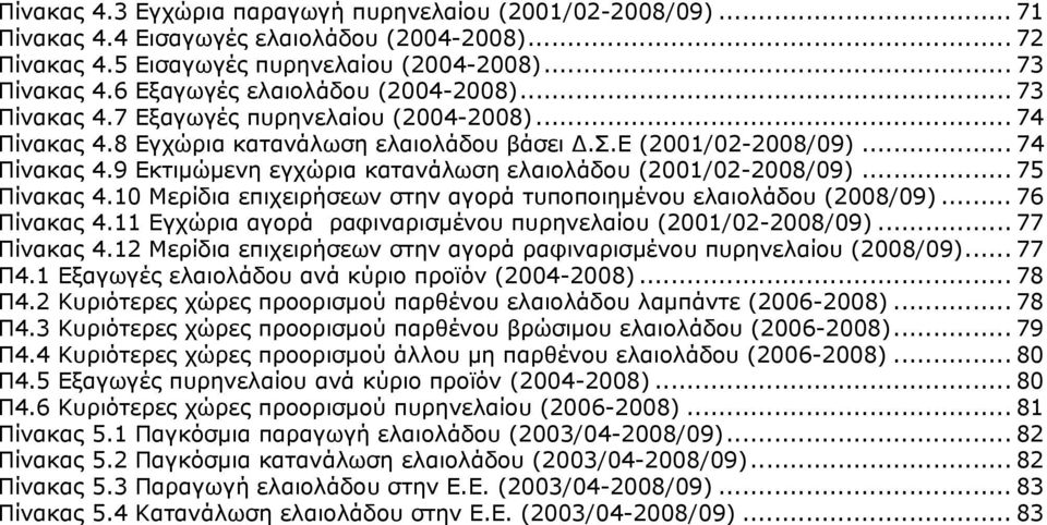 .. 75 Πίνακας 4.10 Μερίδια επιχειρήσεων στην αγορά τυποποιημένου ελαιολάδου (2008/09)... 76 Πίνακας 4.11 Εγχώρια αγορά ραφιναρισμένου πυρηνελαίου (2001/02-2008/09)... 77 Πίνακας 4.