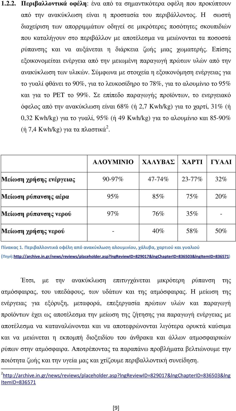 χωµατερής. Επίσης εξοικονοµείται ενέργεια από την µειωµένη παραγωγή πρώτων υλών από την ανακύκλωση των υλικών.