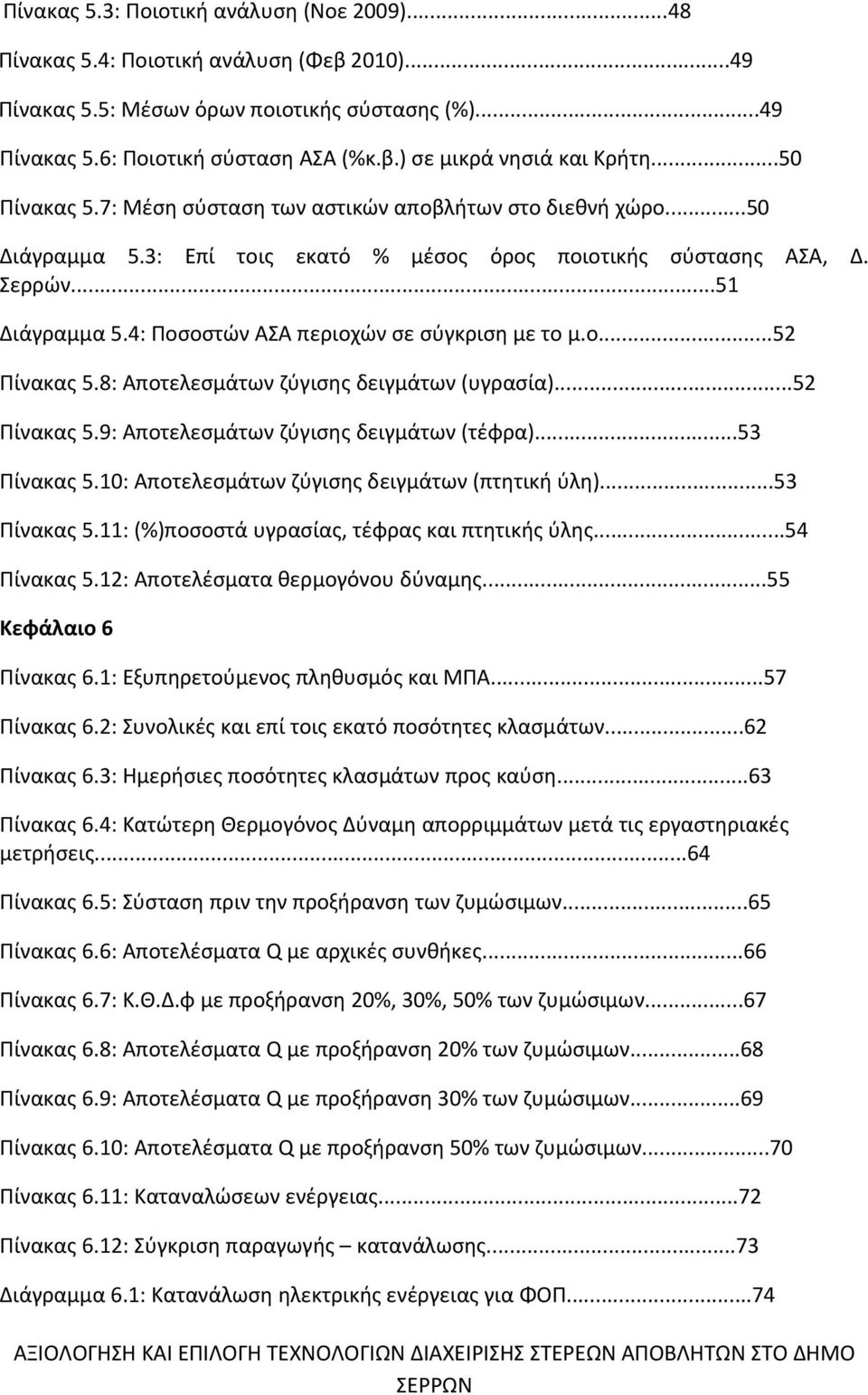 4: Ποσοστών ΑΣΑ περιοχών σε σύγκριση με το μ.ο...52 Πίνακας 5.8: Αποτελεσμάτων ζύγισης δειγμάτων (υγρασία)...52 Πίνακας 5.9: Αποτελεσμάτων ζύγισης δειγμάτων (τέφρα)...53 Πίνακας 5.