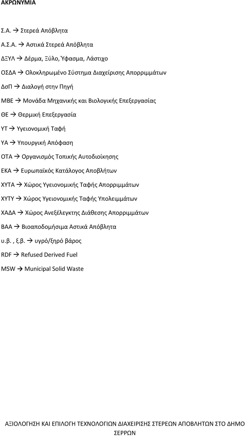 Τοπικής Αυτοδιοίκησης ΕΚΑ Ευρωπαϊκός Κατάλογος Αποβλήτων ΧΥΤΑ Χώρος Υγειονομικής Ταφής Απορριμμάτων ΧΥΤΥ Χώρος Υγειονομικής Ταφής Υπολειμμάτων ΧΑΔΑ