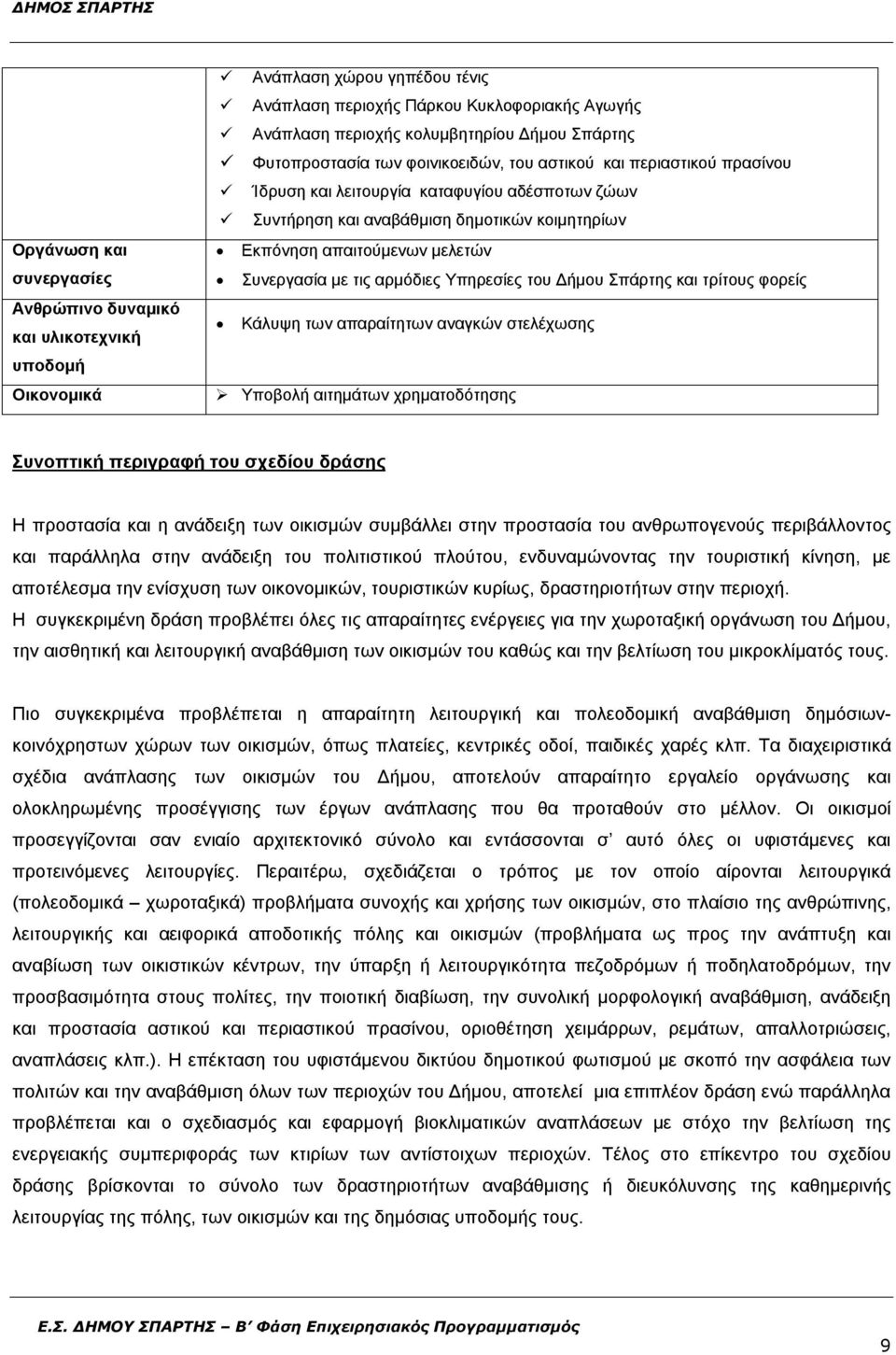 μελετών Συνεργασία με τις αρμόδιες Υπηρεσίες του Δήμου Σπάρτης και τρίτους φορείς Κάλυψη των απαραίτητων αναγκών στελέχωσης Υποβολή αιτημάτων χρηματοδότησης Συνοπτική περιγραφή του σχεδίου δράσης Η