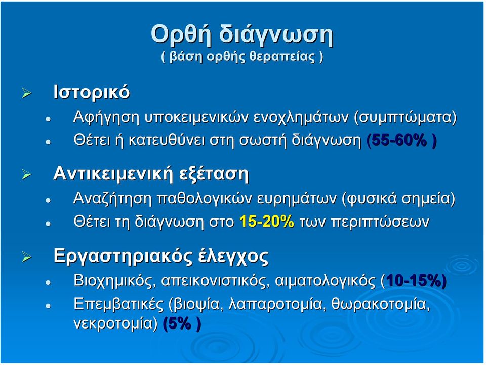 ευρηµάτων (φυσικά σηµεία) Θέτει τη διάγνωση στο 15-20% των περιπτώσεων Εργαστηριακός έλεγχος