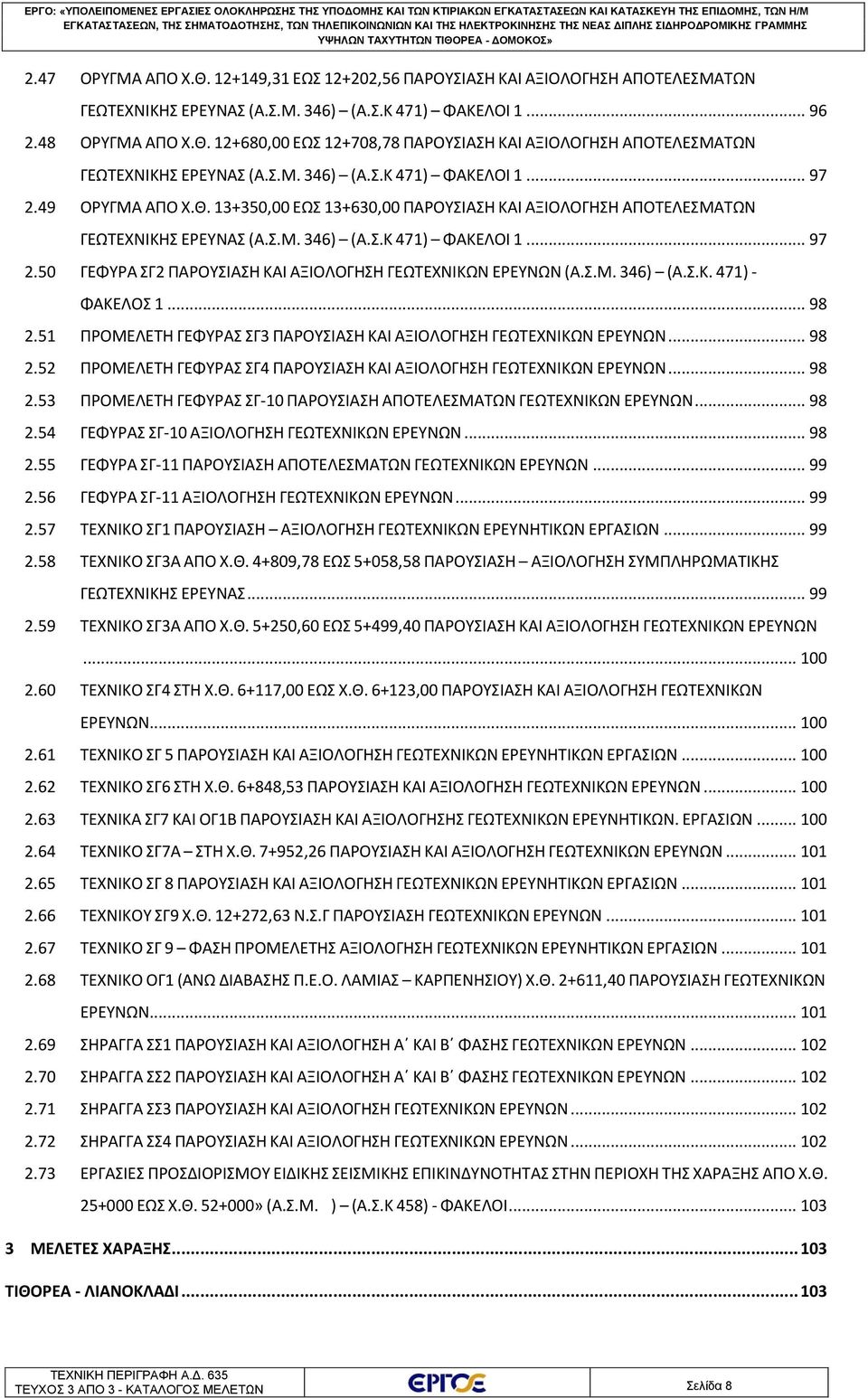 Σ.Μ. 346) (Α.Σ.Κ. 471) - ΦΑΚΕΛΟΣ 1... 98 2.51 ΠΡΟΜΕΛΕΤΗ ΓΕΦΥΡΑΣ ΣΓ3 ΠΑΡΟΥΣΙΑΣΗ ΚΑΙ ΑΞΙΟΛΟΓΗΣΗ ΓΕΩΤΕΧΝΙΚΩΝ ΕΡΕΥΝΩΝ... 98 2.52 ΠΡΟΜΕΛΕΤΗ ΓΕΦΥΡΑΣ ΣΓ4 ΠΑΡΟΥΣΙΑΣΗ ΚΑΙ ΑΞΙΟΛΟΓΗΣΗ ΓΕΩΤΕΧΝΙΚΩΝ ΕΡΕΥΝΩΝ... 98 2.53 ΠΡΟΜΕΛΕΤΗ ΓΕΦΥΡΑΣ ΣΓ-10 ΠΑΡΟΥΣΙΑΣΗ ΑΠΟΤΕΛΕΣΜΑΤΩΝ ΓΕΩΤΕΧΝΙΚΩΝ ΕΡΕΥΝΩΝ.