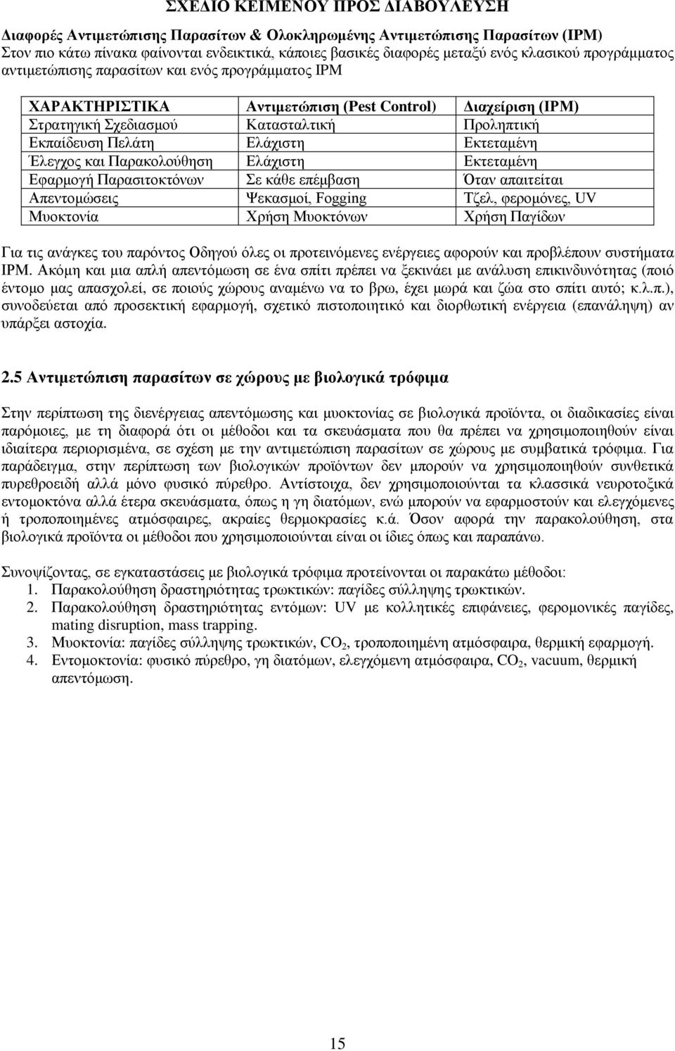 Παρακολούθηση Ελάχιστη Εκτεταμένη Εφαρμογή Παρασιτοκτόνων Σε κάθε επέμβαση Όταν απαιτείται Απεντομώσεις Ψεκασμοί, Fogging Τζελ, φερομόνες, UV Μυοκτονία Χρήση Μυοκτόνων Χρήση Παγίδων Για τις ανάγκες