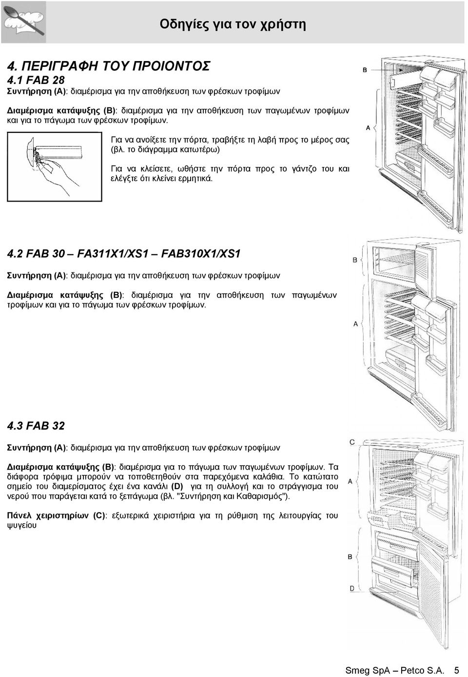 Για να ανοίξετε την πόρτα, τραβήξτε τη λαβή προς το μέρος σας (βλ. το διάγραμμα κατωτέρω) Για να κλείσετε, ωθήστε την πόρτα προς το γάντζο του και ελέγξτε ότι κλείνει ερμητικά. 4.