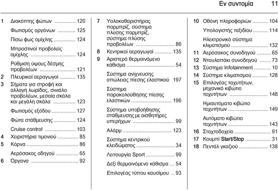 .. 85 5 Κόρνα... 86 Αερόσακος οδηγού... 65 6 Όργανα... 92 7 Υαλοκαθαριστήρας παρμπρίζ, σύστημα πλύσης παρμπρίζ, σύστημα πλύσης προβολέων... 86 8 Κεντρικοί αεραγωγοί.