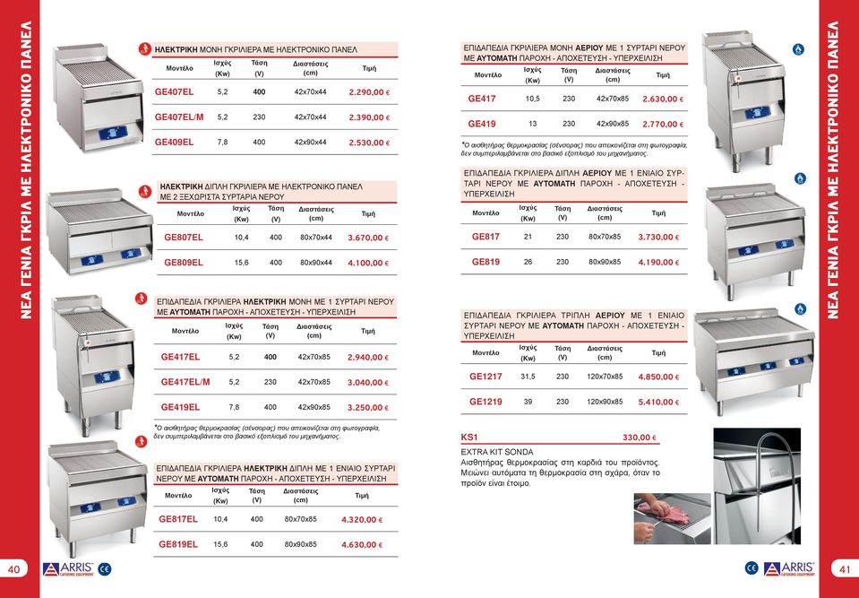 530,00 ΗΛΕΚΤΡΙΚΗ ΔΙΠΛΗ ΓΚΡΙΛΙΕΡΑ ΜΕ ΗΛΕΚΤΡΟΝΙΚΟ ΠΑΝΕΛ ΜΕ 2 ΞΕΧΩΡΙΣΤΑ ΣΥΡΤΑΡΙΑ ΝΕΡΟΥ Μοντέλο Ισχύς (Kw) Τάση (V) Διαστάσεις (cm) Τιμή GE807EL 10,4 400 80x70x44 3.670,00 GE809EL 15,6 400 80x90x44 4.