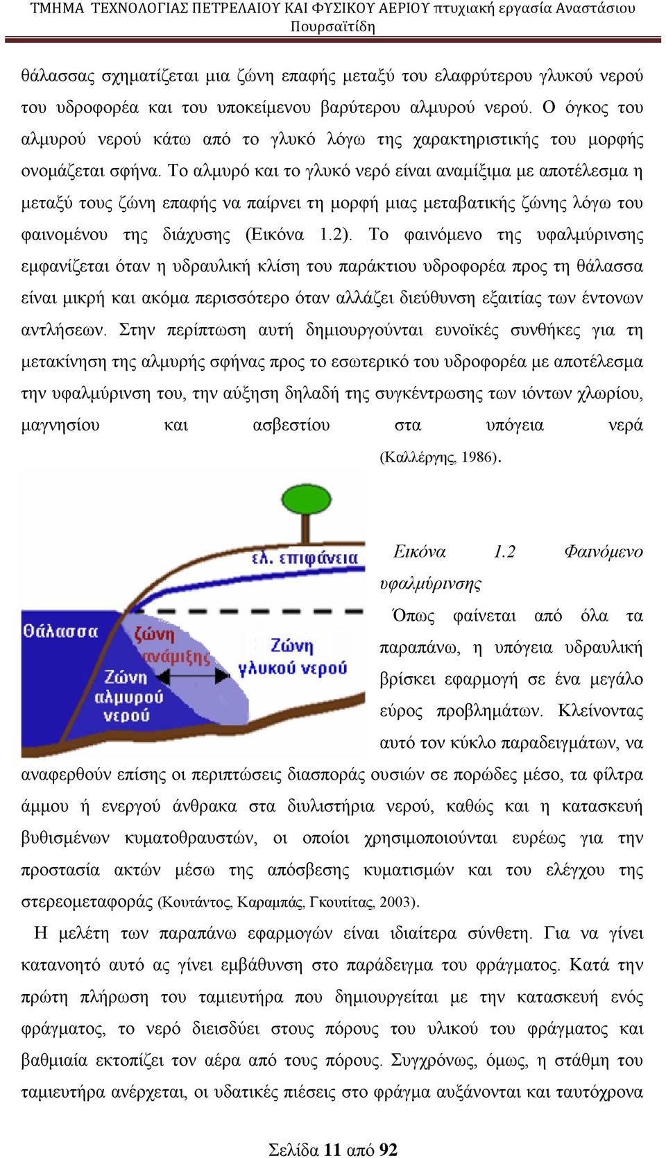 Το αλμυρό και το γλυκό νερό είναι αναμίξιμα με αποτέλεσμα η μεταξύ τους ζώνη επαφής να παίρνει τη μορφή μιας μεταβατικής ζώνης λόγω του φαινομένου της διάχυσης (Εικόνα 1.2).