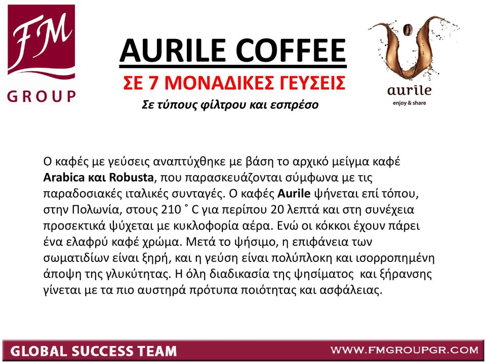 Ο καφές Aurile ψήνεται επί τόπου, στην Πολωνία, στους 210 C για περίπου 20 λεπτά και στη συνέχεια προσεκτικά ψύχεται με κυκλοφορία αέρα.