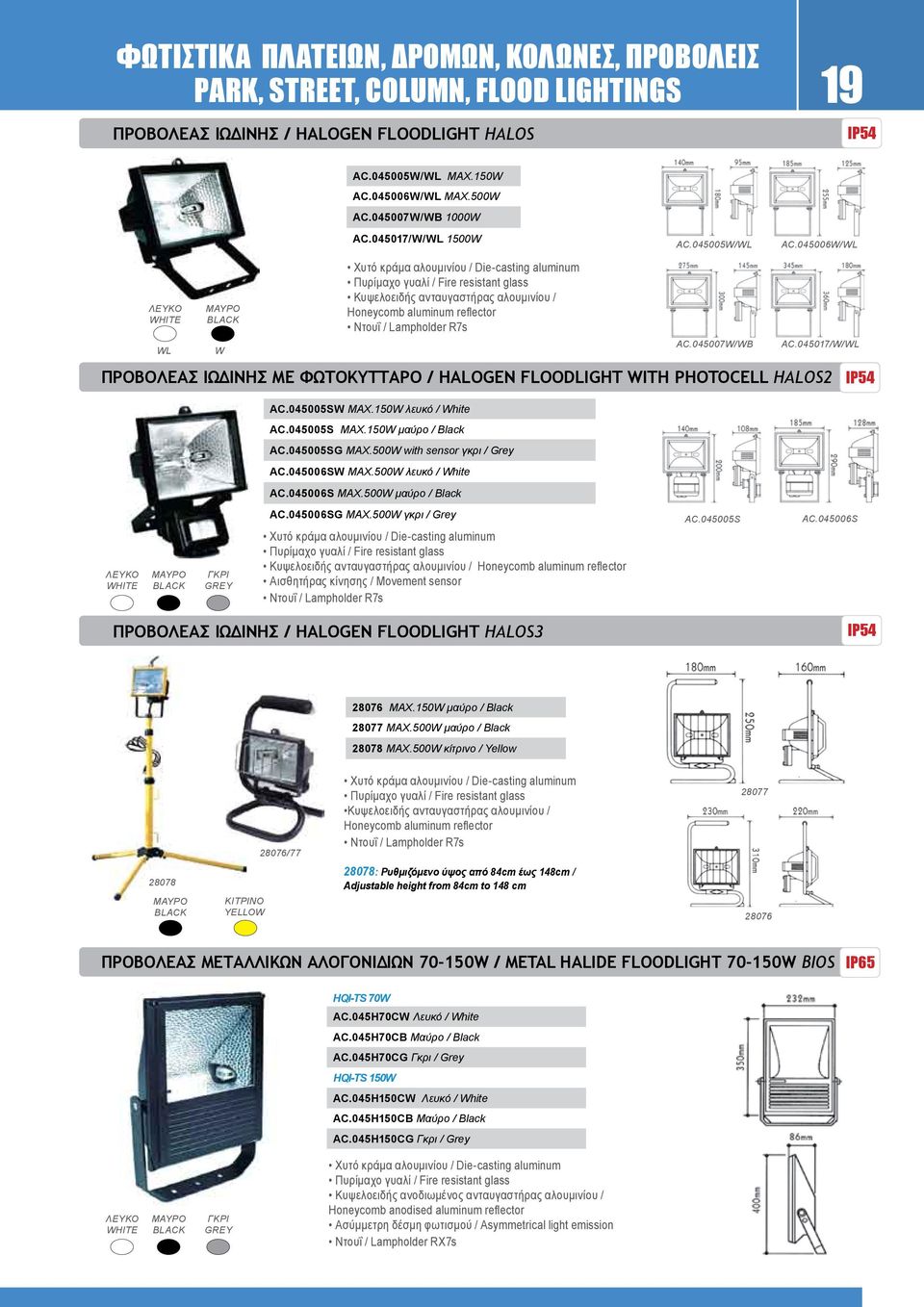 045006W/WL ΜΑΥΡΟ BLACK Χυτό κράμα αλουμινίου / Die-casting aluminum Πυρίμαχο γυαλί / Fire resistant glass Κυψελοειδής ανταυγαστήρας αλουμινίου / Honeycomb aluminum refl ector Ντουΐ / Lampholder R7s