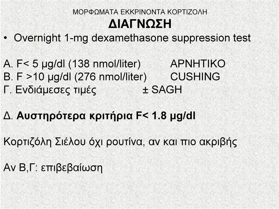 F >10 μg/dl (276 nmol/liter) CUSHING Γ. Ενδιάμεσες τιμές ± SAGH Δ.