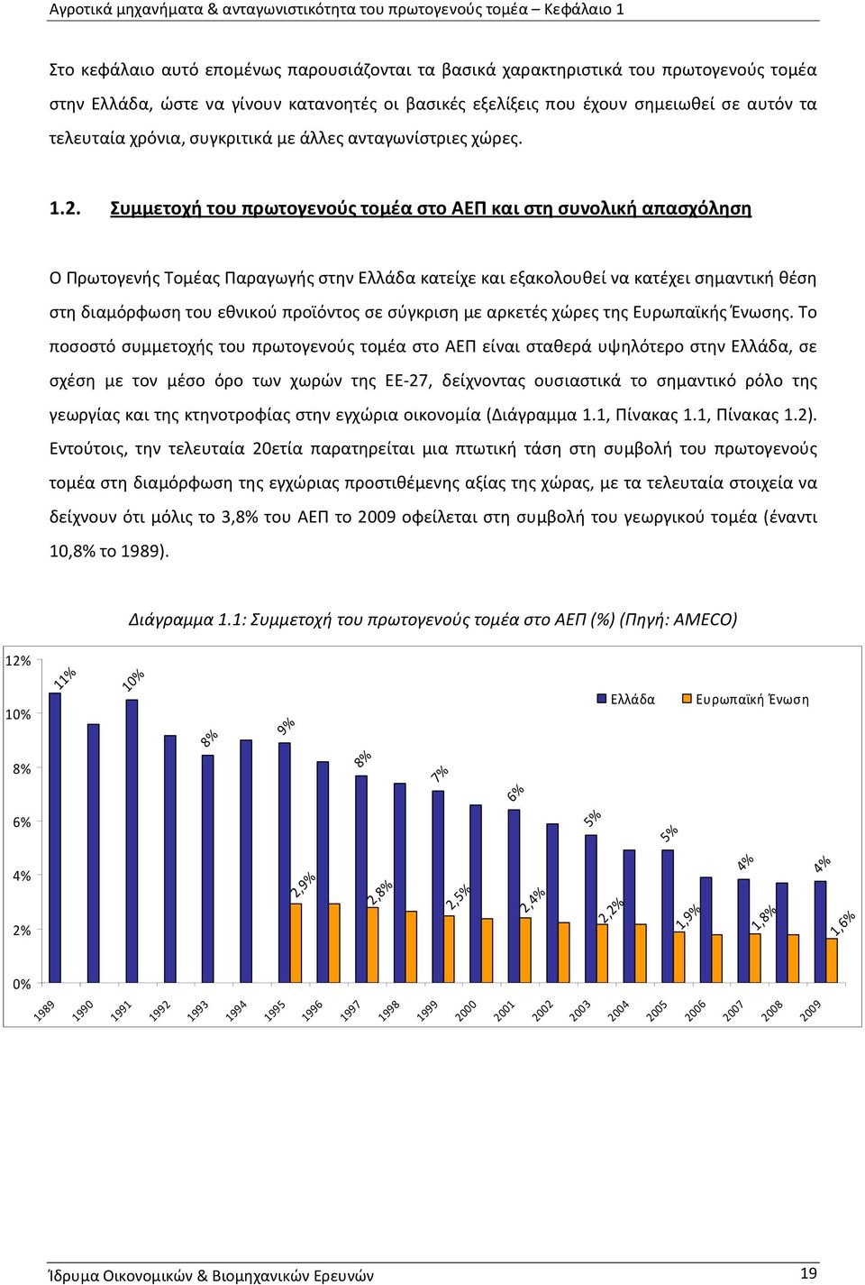 Συμμετοχή του πρωτογενούς τομέα στο ΑΕΠ και στη συνολική απασχόληση Ο Πρωτογενής Τομέας Παραγωγής στην Ελλάδα κατείχε και εξακολουθεί να κατέχει σημαντική θέση στη διαμόρφωση του εθνικού προϊόντος σε