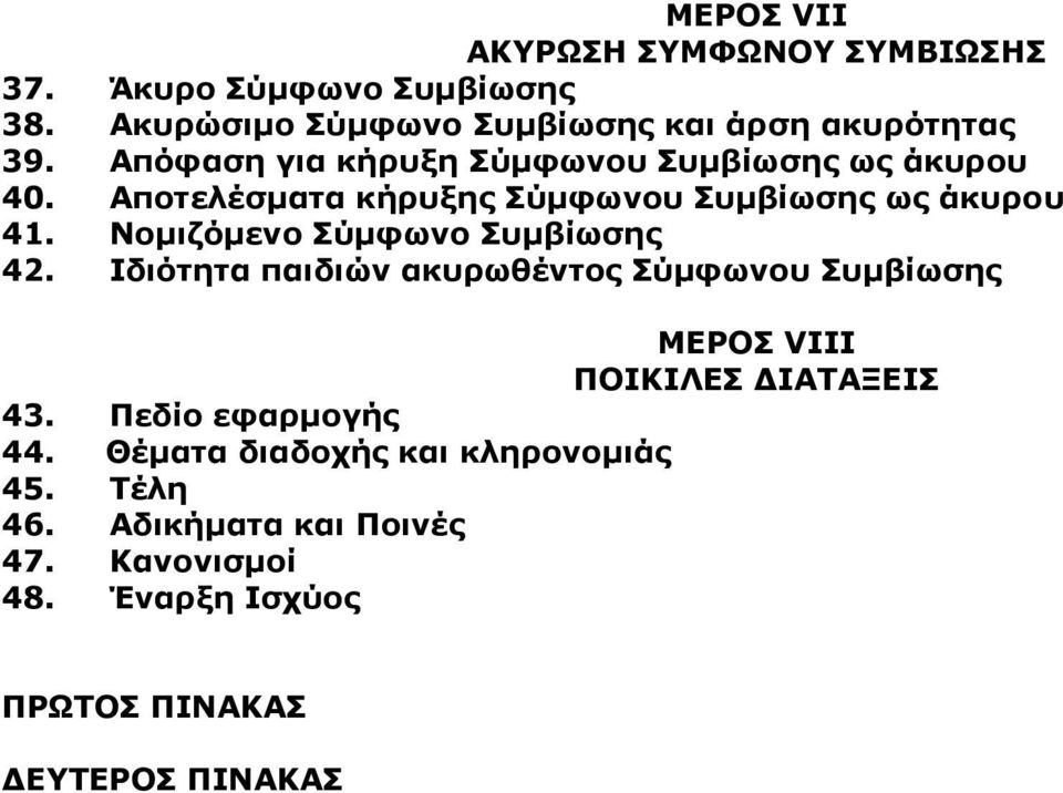 Νομιζόμενο Σύμφωνο Συμβίωσης 42. Ιδιότητα παιδιών ακυρωθέντος Σύμφωνου Συμβίωσης ΜΕΡΟΣ VIII ΠΟΙΚΙΛΕΣ ΔΙΑΤΑΞΕΙΣ 43.