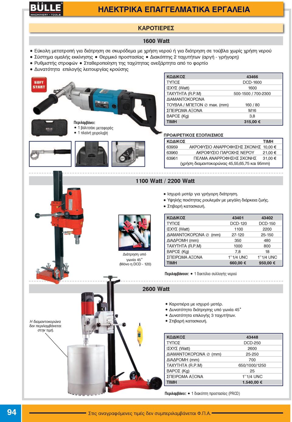 χειρολαβή ÊÙÄÉÊÏÓ 43466 ΤΥΠΟΣ DCD-1600 ΙΣΧΥΣ (Watt) 1600 ΤΑΧΥΤΗΤΑ (R.P.M) 500-1500 / 700-2300 ΔΙΑΜΑΝΤΟΚΟΡΩΝΑ ΤΟΥΒΛΑ / ΜΠΕTΟΝ max.