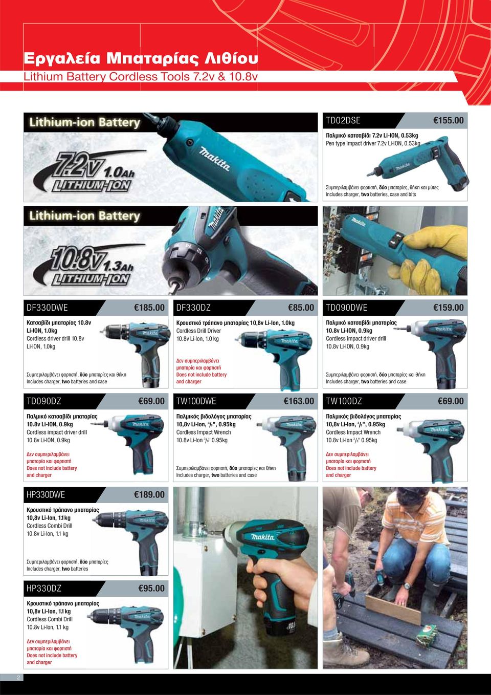 8v Li-ION, 1.0kg Cordless driver drill 10.8v Li-ION, 1.0kg Συμπεριλαμβάνει φορτιστή, δύο μπαταρίες και θήκη Includes charger, two batteries and case TD090DZ 69.00 Παλμικό κατσαβίδι μπαταρίας 10.