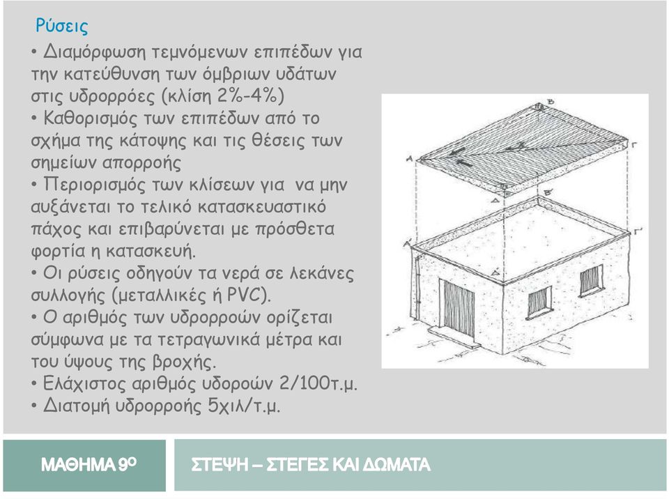 και επιβαρύνεται µε πρόσθετα φορτία η κατασκευή. Οι ρύσεις οδηγούν τα νερά σε λεκάνες συλλογής (µεταλλικές ή PVC).