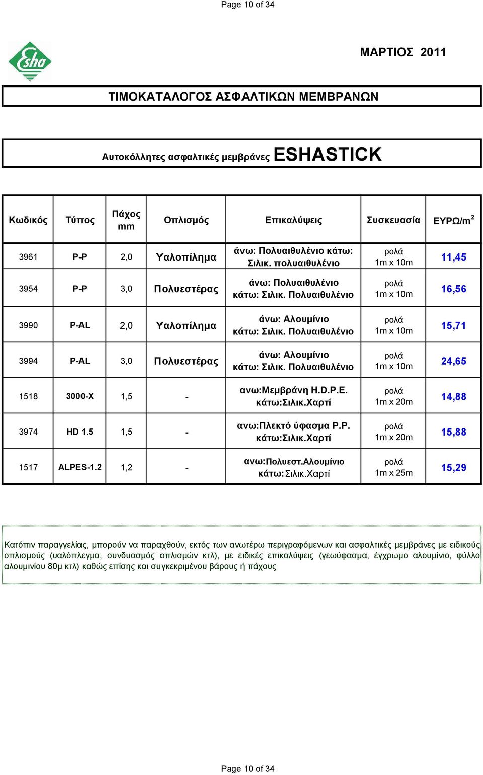 Πολυαιθυλένιο 1m x 10m 15,71 3994 P-AL 3,0 Πολυεστέρας άνω: Αλουμίνιο κάτω: Σιλικ. Πολυαιθυλένιο 1m x 10m 24,65 1518 3000-X 1,5 - ανω:μεμβράνη H.D.P.E. κάτω:σιλικ.χαρτί 1m x 20m 14,88 3974 HD 1.