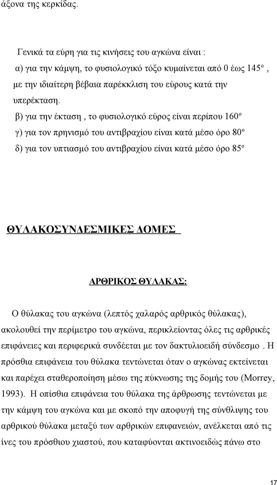 β) για την έκταση, το φυσιολογικό εύρος είναι περίπου 160ο γ) για τον πρηνισμό του αντιβραχίου είναι κατά μέσο όρο 80ο δ) για τον υπτιασμό του αντιβραχίου είναι κατά μέσο όρο 85ο ΘΥΛΑΚΟΣΥΝΔΕΣΜΙΚΕΣ