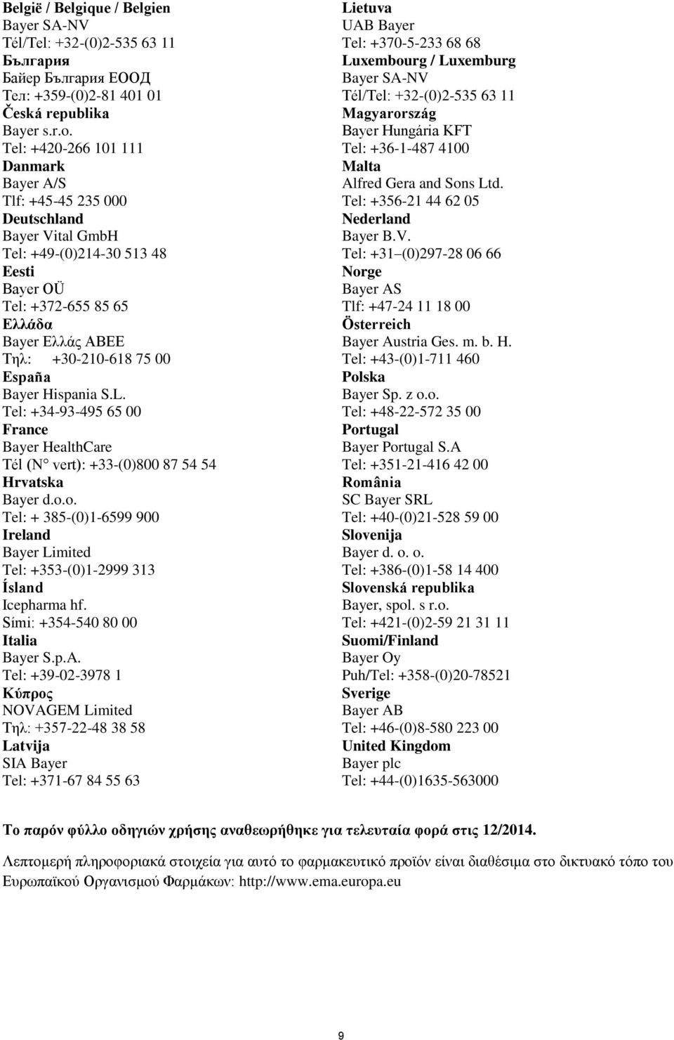 España Bayer Hispania S.L. Tel: +34-93-495 65 00 France Bayer HealthCare Tél (N vert): +33-(0)800 87 54 54 Hrvatska Bayer d.o.
