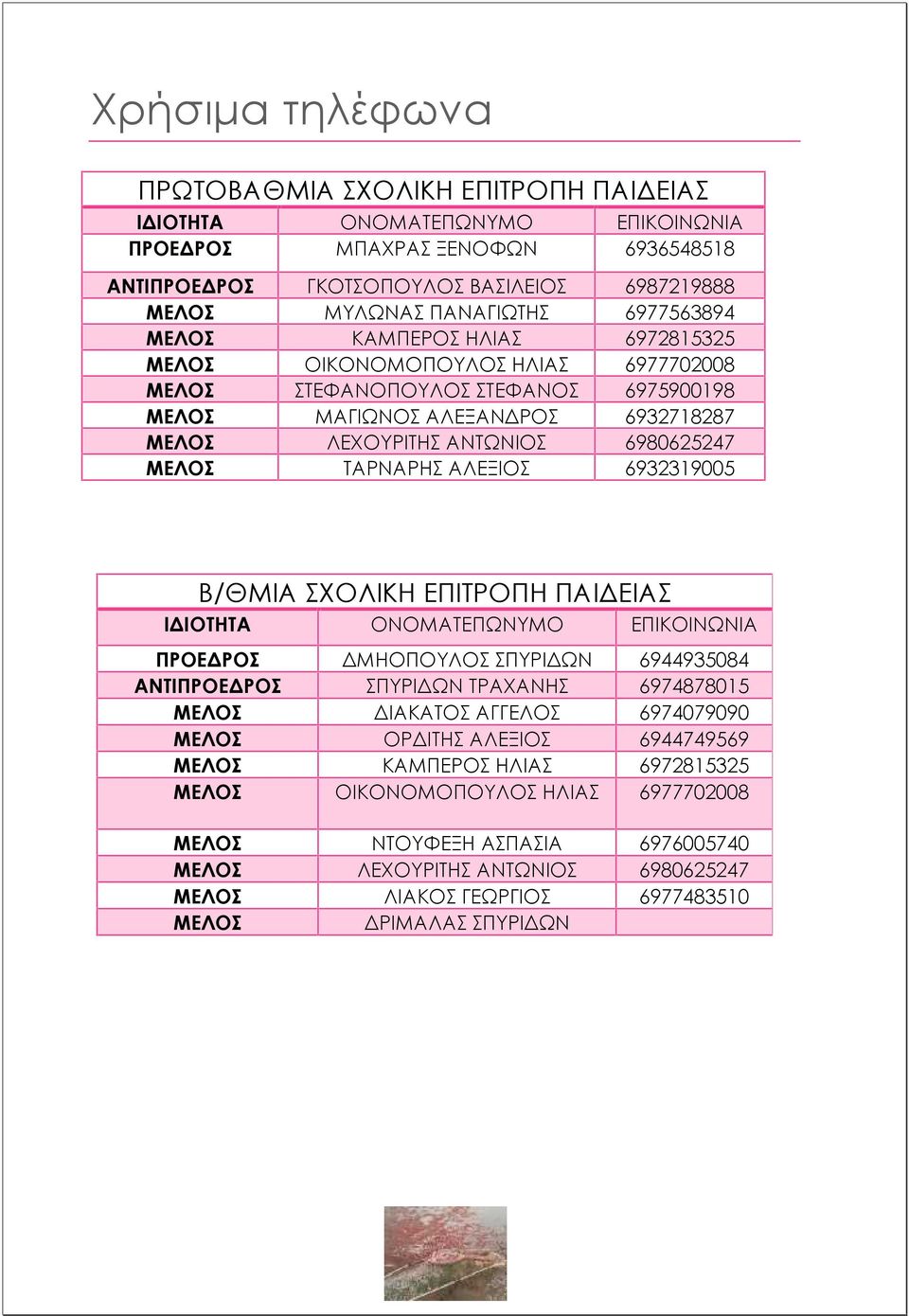 ΜΕΛΟΣ ΤΑΡΝΑΡΗΣ ΑΛΕΞΙΟΣ 6932319005 Β/ΘΜΙΑ ΣΧΟΛΙΚΗ ΕΠΙΤΡΟΠΗ ΠΑΙΔΕΙΑΣ ΙΔΙΟΤΗΤΑ ΟΝΟΜΑΤΕΠΩΝΥΜΟ ΕΠΙΚΟΙΝΩΝΙΑ ΠΡΟΕΔΡΟΣ ΔΜΗΟΠΟΥΛΟΣ ΣΠΥΡΙΔΩΝ 6944935084 ΑΝΤΙΠΡΟΕΔΡΟΣ ΣΠΥΡΙΔΩΝ ΤΡΑΧΑΝΗΣ 6974878015 ΜΕΛΟΣ ΔΙΑΚΑΤΟΣ