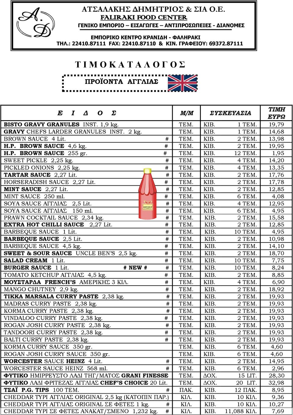 # ΤΕΜ. ΚΙΒ. 2 ΤΕΜ. 17,76 HORSERADISH SAUCE 2,27 Lit. # ΤΕΜ. ΚΙΒ. 2 ΤΕΜ. 17,78 MINT SAUCE 2,27 Lit. # ΤΕΜ. ΚΙΒ. 2 ΤΕΜ. 12,85 MINT SAUCE 250 ml. # ΤΕΜ. ΚΙΒ. 6 ΤΕΜ. 4,08 SOYA SAUCE ΑΓΓΛΙΑΣ 2,5 Lit.