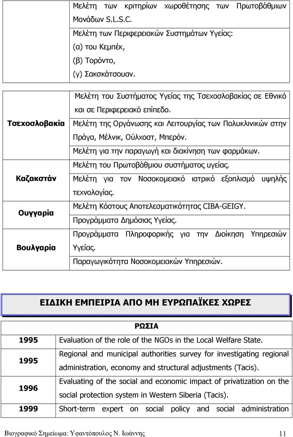 Μελέτη της Οργάνωσης και Λειτουργίας των Πολυκλινικών στην Πράγα, Μέλνικ, Ούλxοστ, Μπερόν. Μελέτη για την παραγωγή και διακίνηση των φαρμάκων. Μελέτη του Πρωτοβάθμιου συστήματος υγείας.