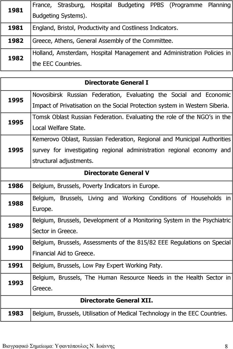 Directorate General I 1995 1995 1995 Novosibirsk Russian Federation, Evaluating the Social and Economic Impact of Privatisation on the Social Protection system in Western Siberia.