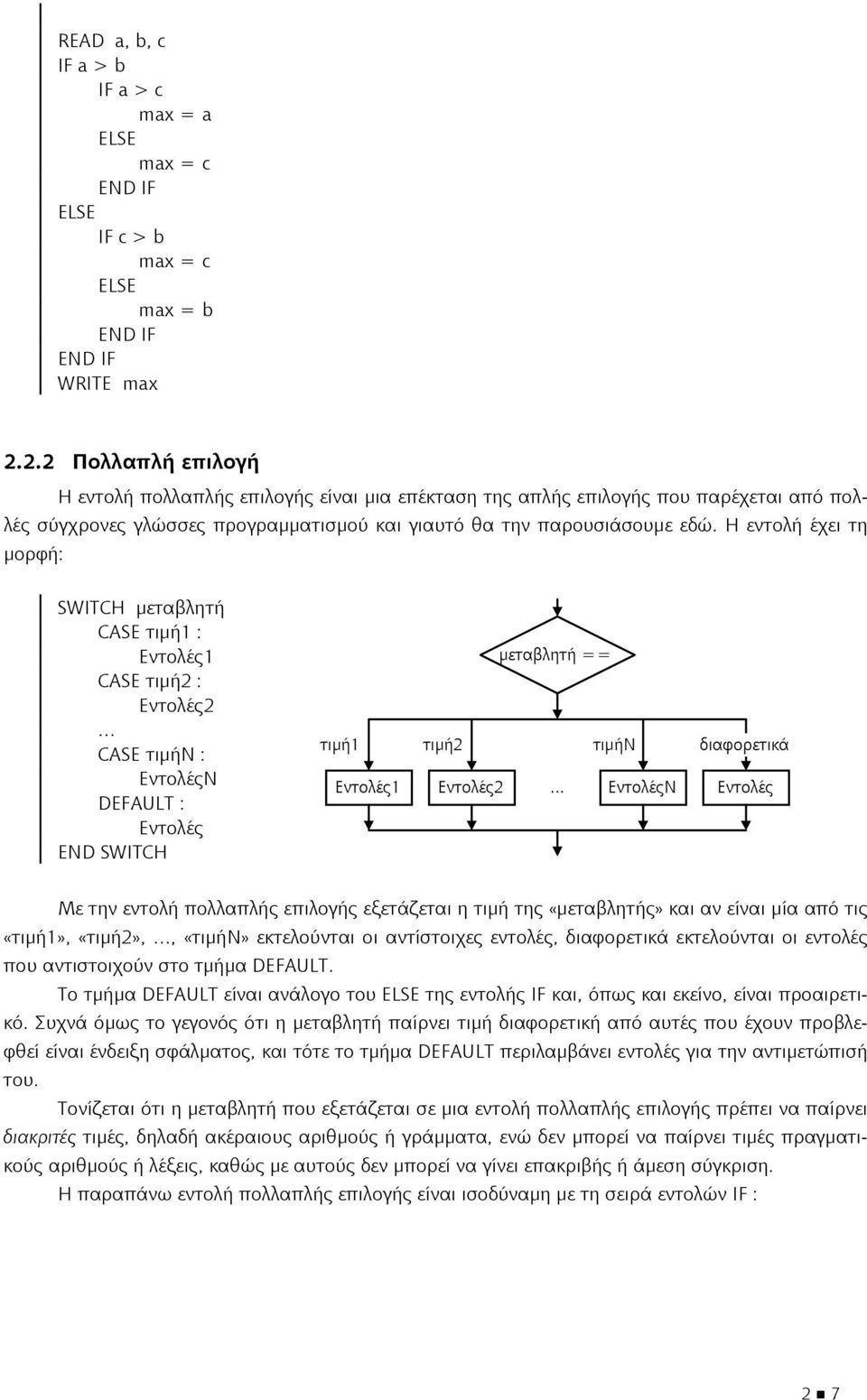 Η εντολή έχει τη μορφή: SWITCH μεταβλητή CASE τιμή1 : Εντολές1 CASE τιμή2 : Εντολές2 CASE τιμήn : ΕντολέςN DEFAULT : Εντολές END SWITCH τιμή1 τιμή2 μεταβλητή == τιμήν διαφορετικά Εντολές1 Εντολές2.