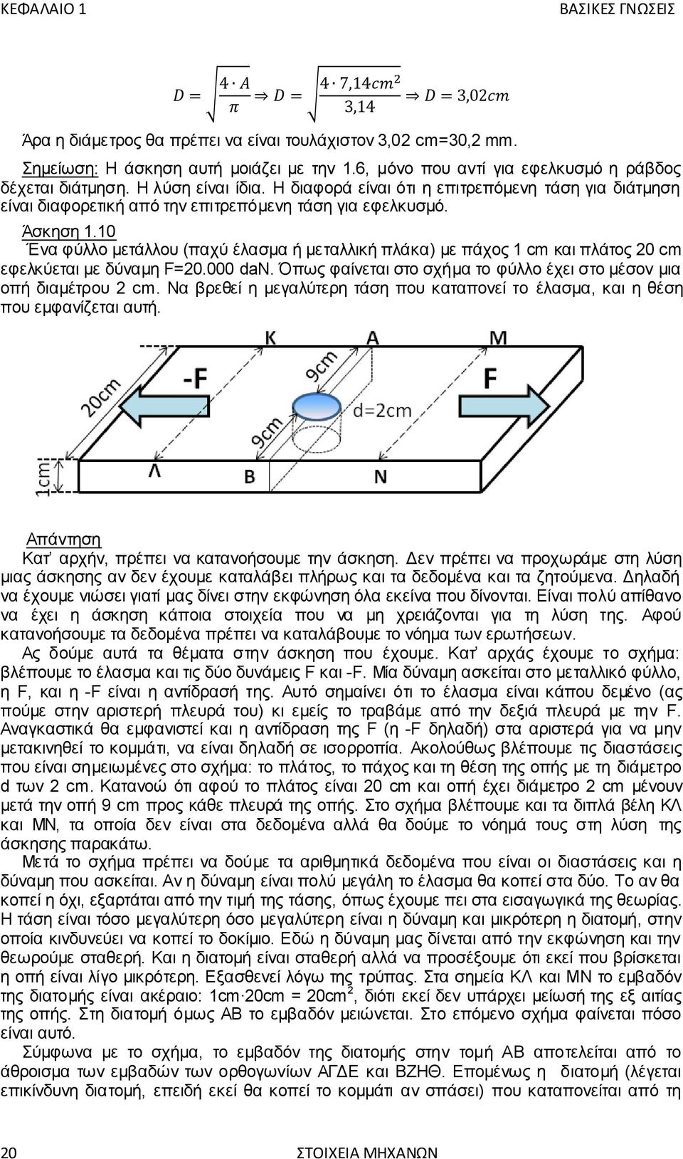 10 Ένα φύλλο μετάλλου (παχύ έλασμα ή μεταλλική πλάκα) με πάχος 1 cm και πλάτος 20 cm εφελκύεται με δύναμη F=20.000 dan. Όπως φαίνεται στο σχήμα το φύλλο έχει στο μέσον μια οπή διαμέτρου 2 cm.