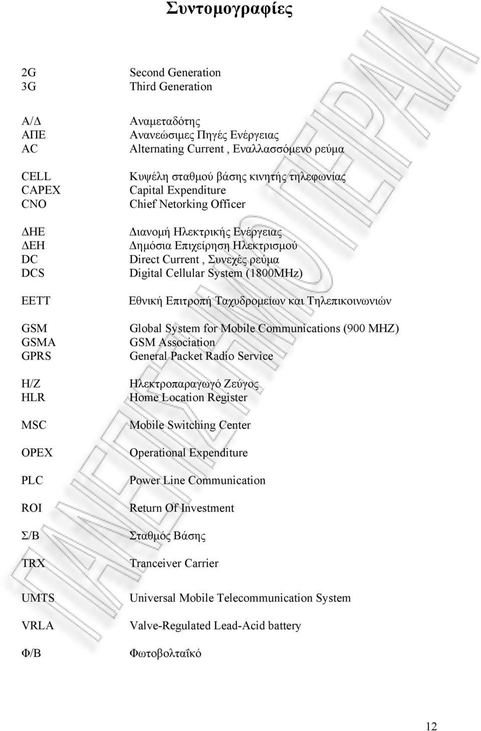 Direct Current, Συνεχές ρεύμα Digital Cellular System (1800MHz) Εθνική Επιτροπή Ταχυδρομείων και Τηλεπικοινωνιών Global System for Mobile Communications (900 MHZ) GSM Association General Packet Radio