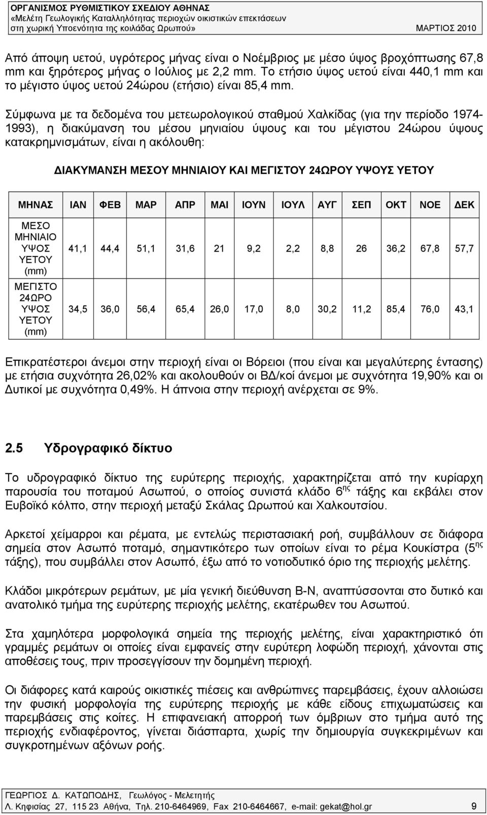 Σύμφωνα με τα δεδομένα του μετεωρολογικού σταθμού Χαλκίδας (για την περίοδο 1974-1993), η διακύμανση του μέσου μηνιαίου ύψους και του μέγιστου 24ώρου ύψους κατακρημνισμάτων, είναι η ακόλουθη: