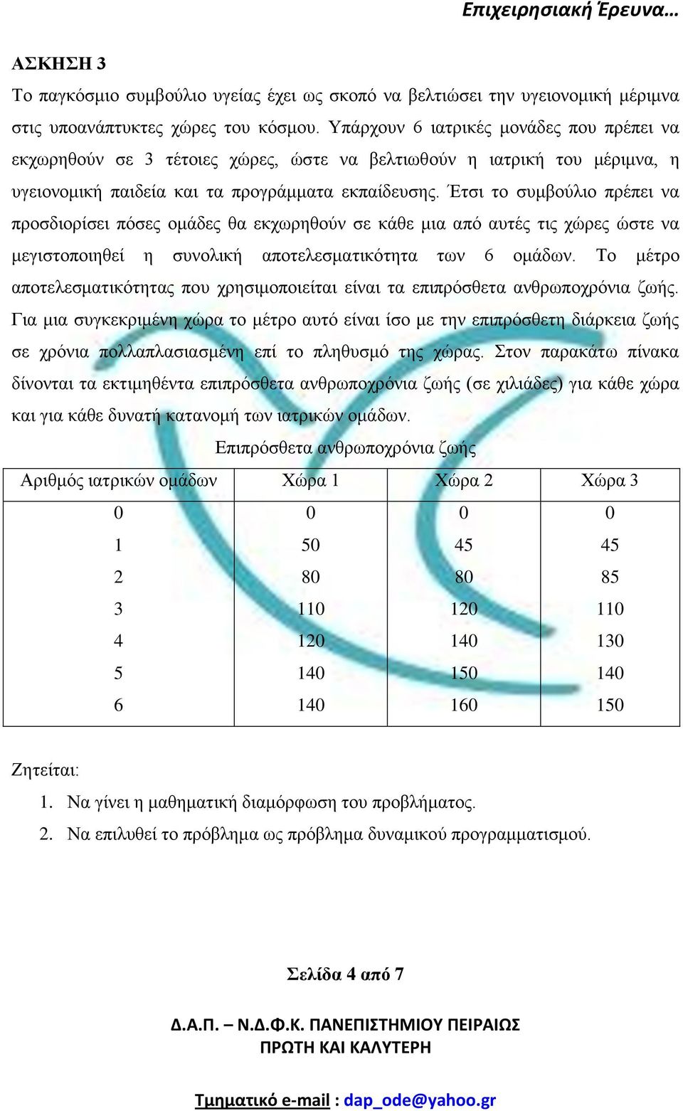 Έτσι το συμβούλιο πρέπει να προσδιορίσει πόσες ομάδες θα εκχωρηθούν σε κάθε μια από αυτές τις χώρες ώστε να μεγιστοποιηθεί η συνολική αποτελεσματικότητα των 6 ομάδων.