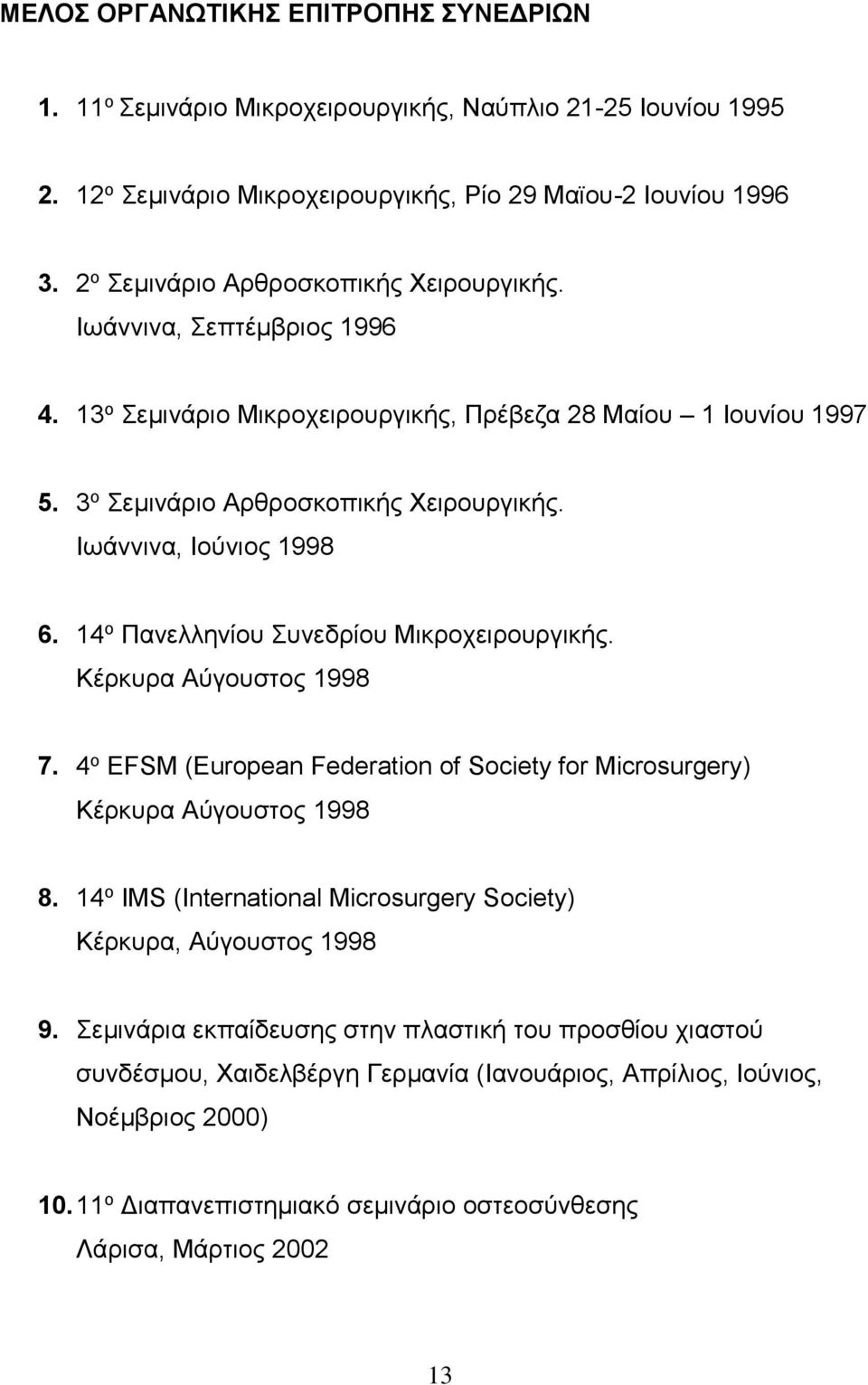 Ιωάννινα, Ιούνιος 1998 6. 14 ο Πανελληνίου Συνεδρίου Μικροχειρουργικής. Κέρκυρα Αύγουστος 1998 7. 4 ο EFSM (European Federation of Society for Microsurgery) Κέρκυρα Αύγουστος 1998 8.