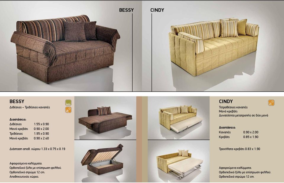 40 CINDY Τετραθέσιος καναπές Μονό κρεβάτι Δυνατότητα μετατροπής σε δύο μονά Καναπές 0.90 x 2.