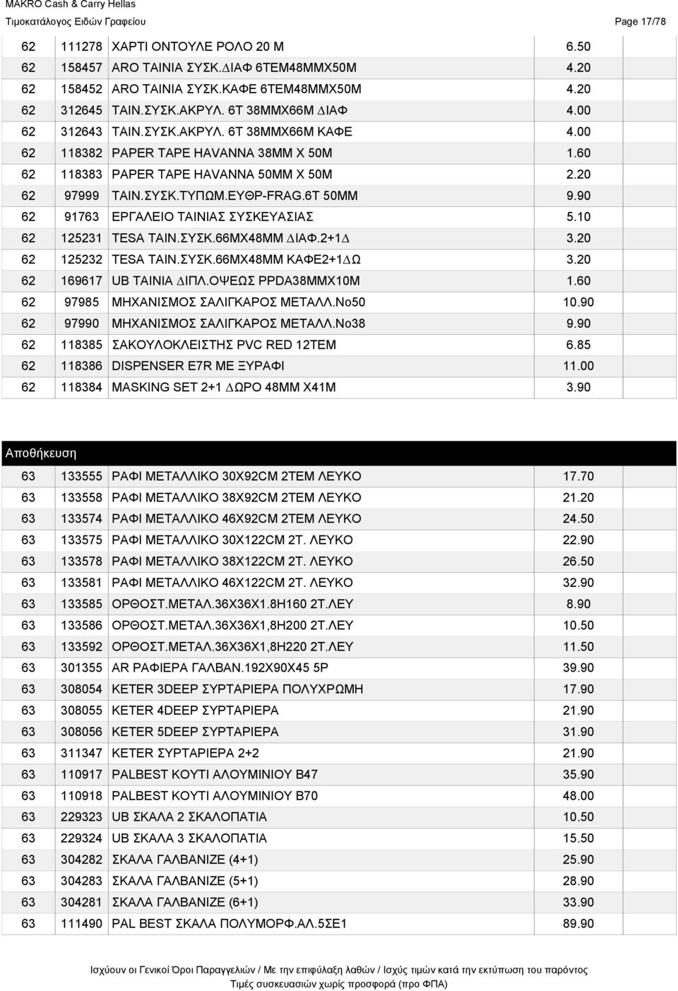 6Τ 50ΜΜ 9.90 62 91763 ΕΡΓΑΛΕΙΟ ΤΑΙΝΙΑΣ ΣΥΣΚΕΥΑΣΙΑΣ 5.10 62 125231 TESA ΤΑΙΝ.ΣΥΣΚ.66ΜΧ48ΜΜ ΙΑΦ.2+1 3.20 62 125232 TESA ΤΑΙΝ.ΣΥΣΚ.66ΜΧ48ΜΜ ΚΑΦΕ2+1 Ω 3.20 62 169617 UB ΤΑΙΝΙΑ ΙΠΛ.ΟΨΕΩΣ PPDA38MMX10M 1.