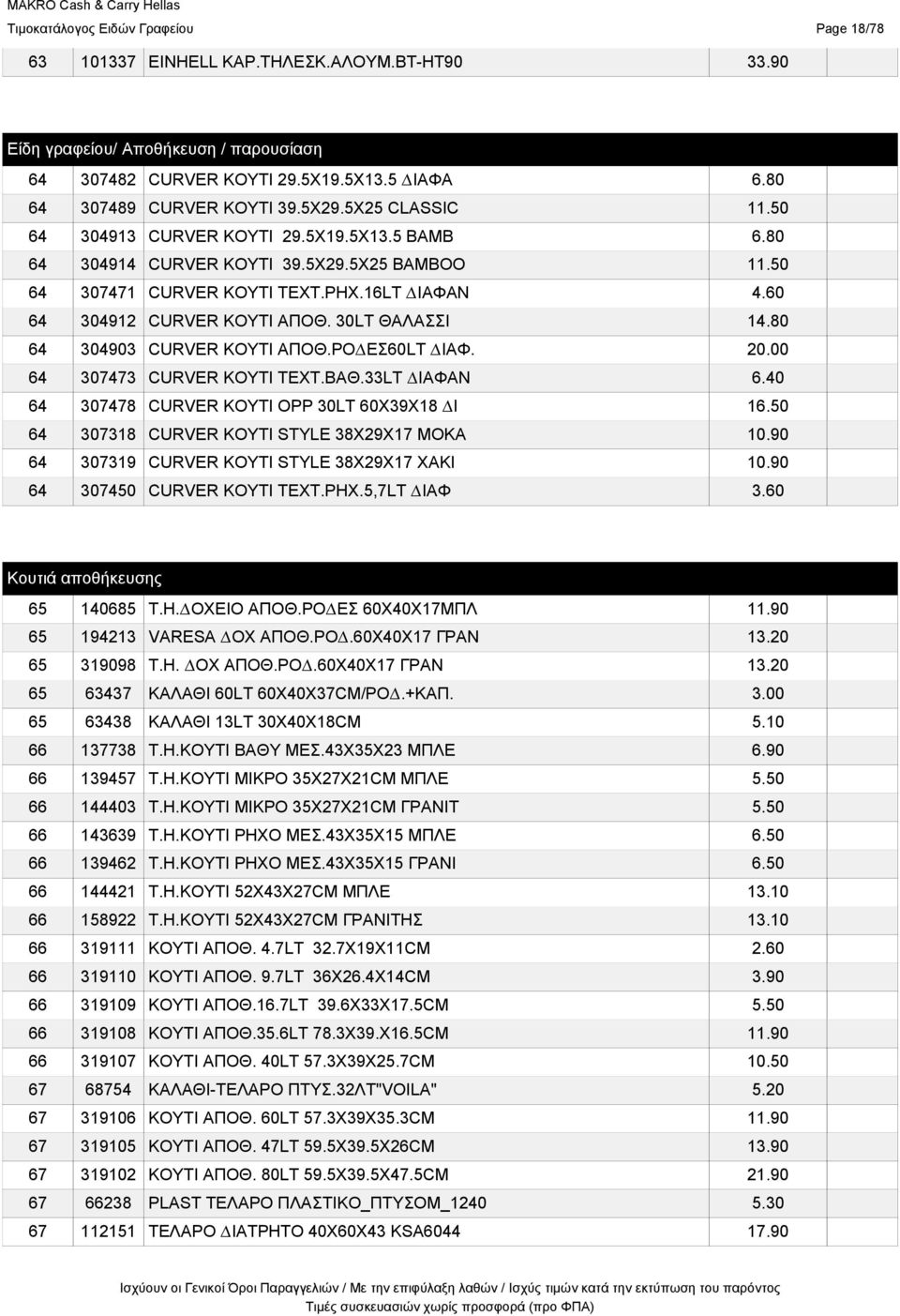 60 64 304912 CURVER ΚΟΥΤΙ ΑΠΟΘ. 30LT ΘΑΛΑΣΣΙ 14.80 64 304903 CURVER ΚΟΥΤΙ ΑΠΟΘ.ΡΟ ΕΣ60LT ΙΑΦ. 20.00 64 307473 CURVER ΚΟΥΤΙ TEXT.ΒΑΘ.33LT ΙΑΦΑΝ 6.40 64 307478 CURVER ΚΟΥΤΙ OPP 30LT 60X39X18 Ι 16.