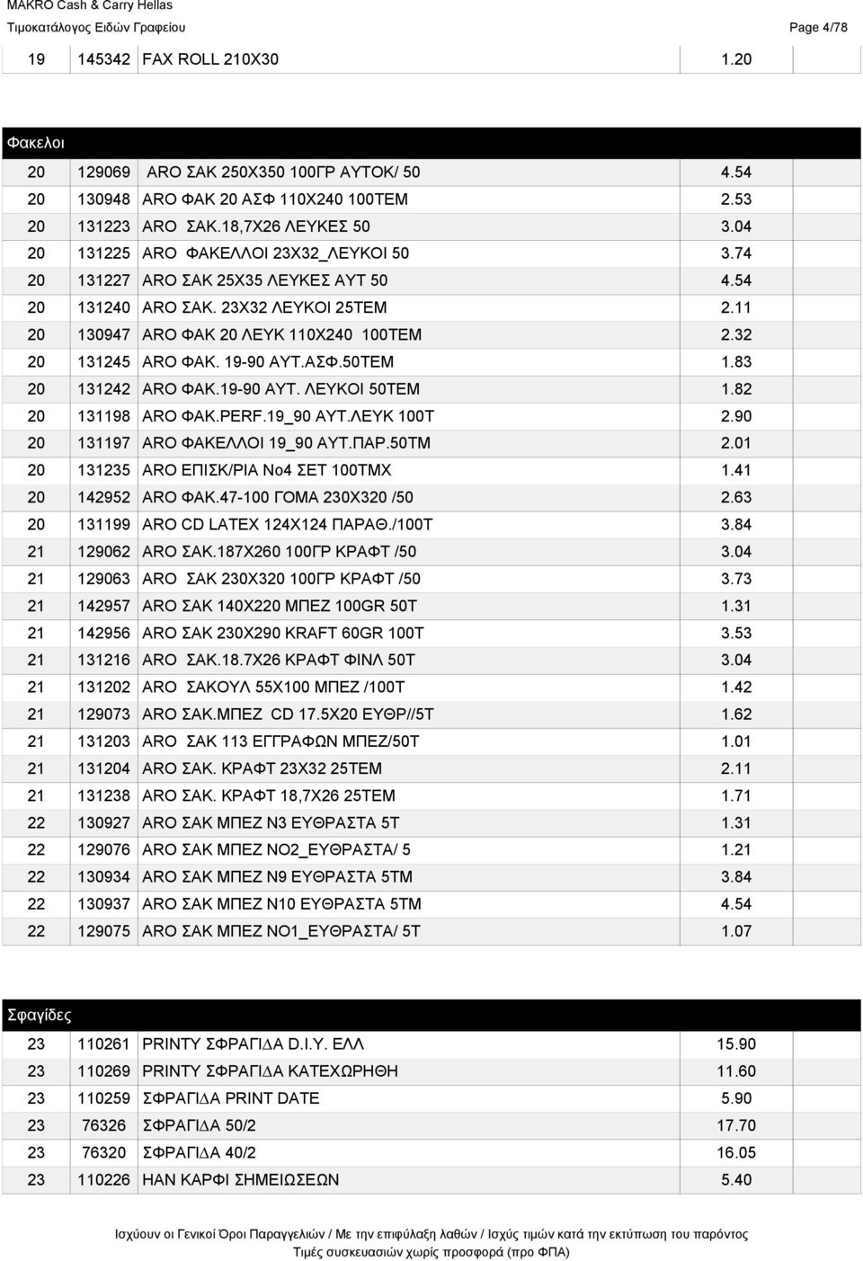 32 20 131245 ARO ΦΑΚ. 19-90 ΑΥΤ.ΑΣΦ.50ΤΕΜ 1.83 20 131242 ARO ΦΑΚ.19-90 ΑΥΤ. ΛΕΥΚΟΙ 50ΤΕΜ 1.82 20 131198 ARO ΦΑΚ.PERF.19_90 AYT.ΛΕΥΚ 100Τ 2.90 20 131197 ARO ΦΑΚΕΛΛΟΙ 19_90 ΑΥΤ.ΠΑΡ.50ΤΜ 2.