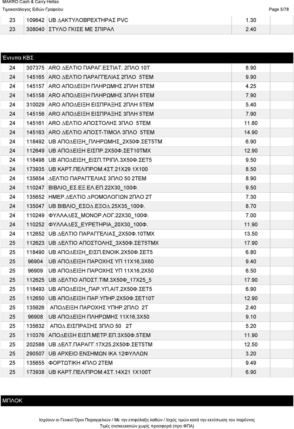 40 24 145156 ARO ΑΠΟ ΕΙΞΗ ΕΙΣΠΡΑΞΗΣ 3ΠΛΗ 5ΤΕΜ 7.90 24 145161 ARO ΕΛΤΙΟ ΑΠΟΣΤΟΛΗΣ 3ΠΛΟ 5ΤΕΜ 11.80 24 145163 ARO ΕΛΤΙΟ ΑΠΟΣΤ-ΤΙΜΟΛ 3ΠΛΟ 5ΤEΜ 14.90 24 118492 UB ΑΠΟ ΕΙΞΗ_ΠΛΗΡΩΜΗΣ_2Χ50Φ.ΣΕΤ5ΤΜ 6.