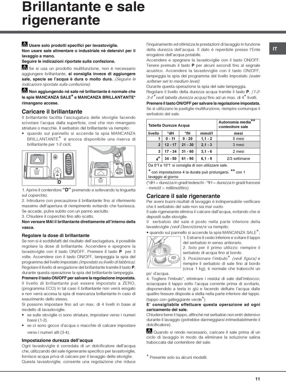 Se si usa un prodotto multifunzione, non è necessario aggiungere brillantante, si consiglia invece di aggiungere sale, specie se l acqua è dura o molto dura.